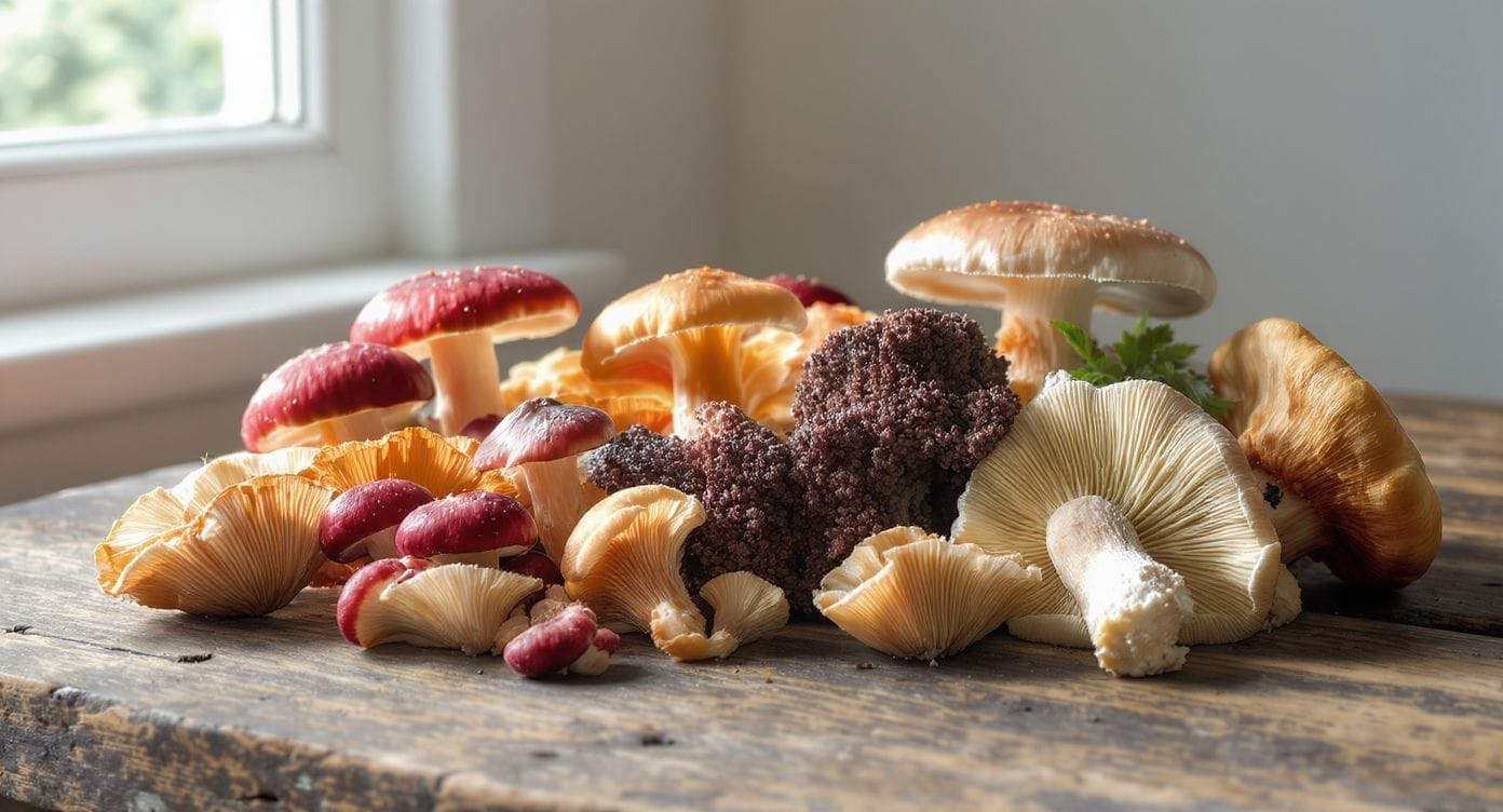 Variété de champignons adaptogènes sur fond naturel et frais