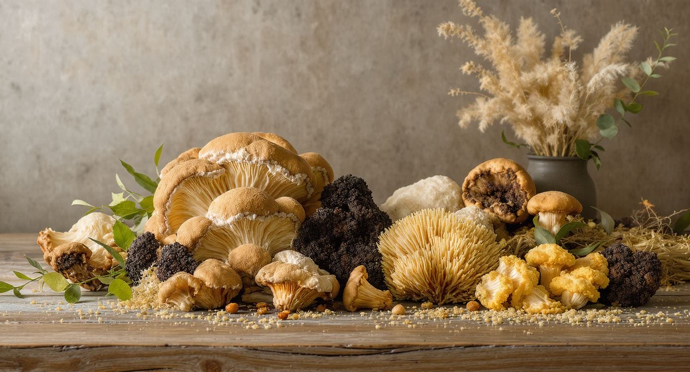 Champignons adaptogènes présentés sur un fond naturel apaisant