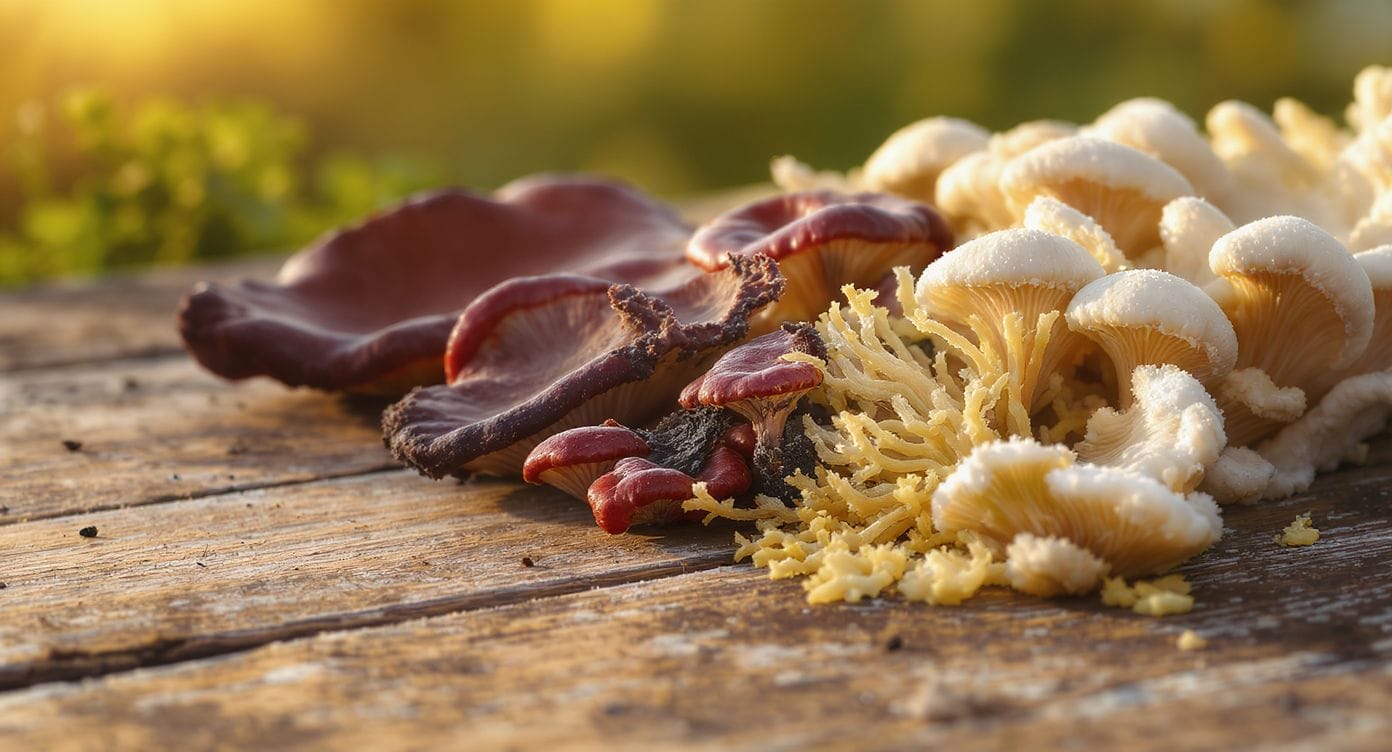 Champignons adaptogènes variés sur un fond naturel et informatif