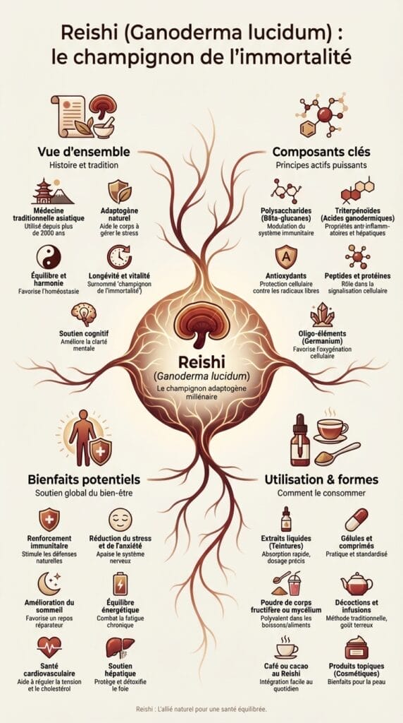 Infographie sur le Reishi  : c'est quoi,  sa composition, ses bienfaits et son utilisation.